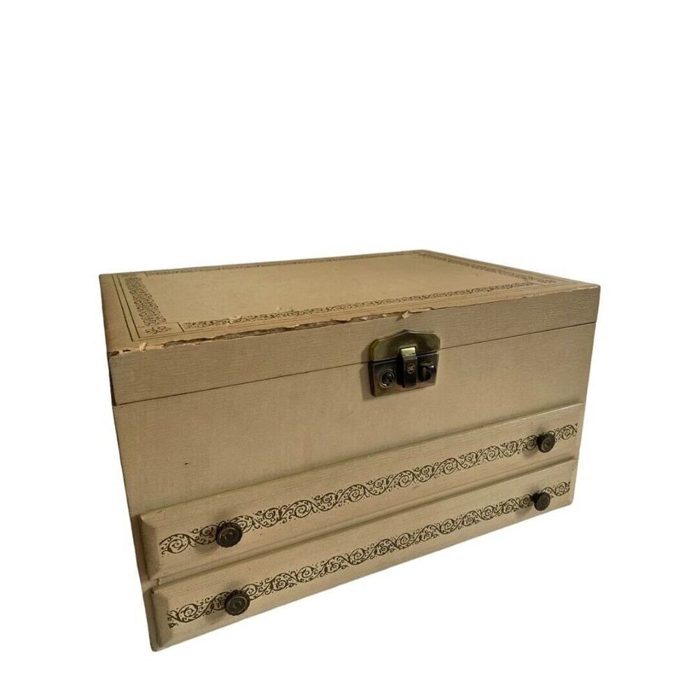 Vintage Cream Jewelry Box Red Velvet Lining 4 Tier Mirrored